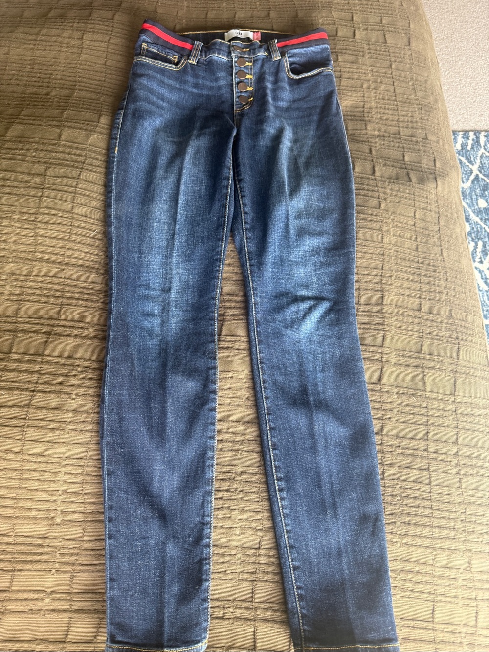 CAbi Women's Dark Blue Skinny Jeans with Red Waist Trim